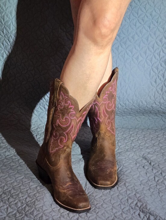 Ariat Shoes - Ariat Brown Leather Lace-Up Cowboy Boots with Pink Embroidery